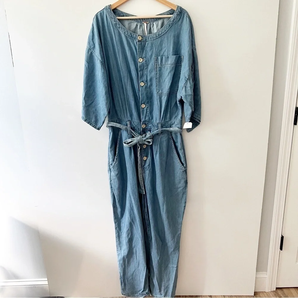 Free People Marley Medium Wash Denim Half Sleeve Jumpsuit